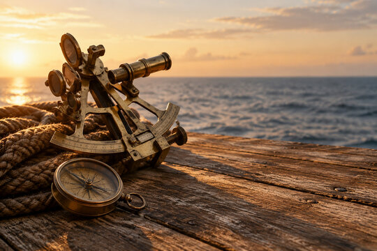 Antique brass sextant with rope and compass on wood, navigation and exploration concept