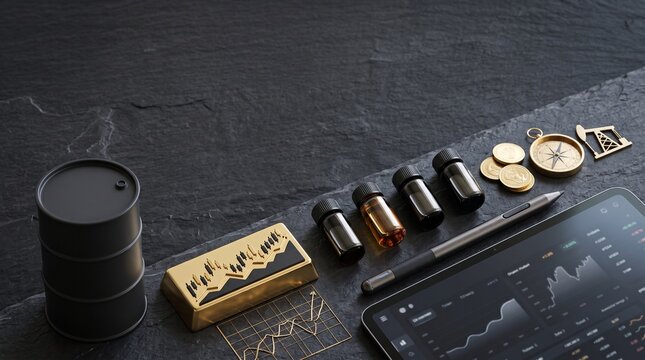 Crude Oil Commodity Trading Concept with Tablet Oil Barrel and Gold Bar