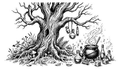Hand drawn black and white engraving style vector illustration of an ancient twisted tree with hanging potion bottles, bubbling cauldron, glass flasks, and wild grass for witchcraft and fantasy design © Mdyounus