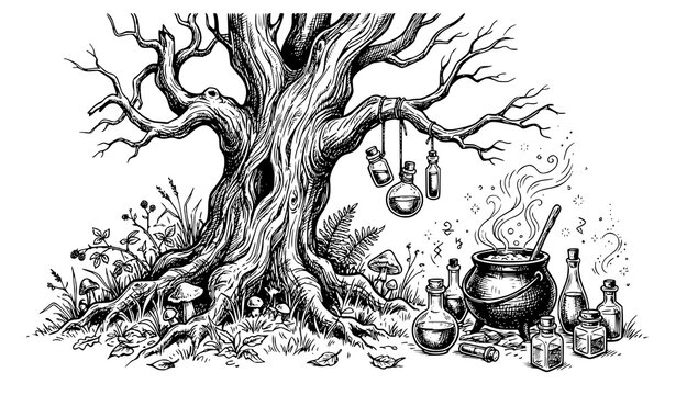 Hand drawn black and white engraving style vector illustration of an ancient twisted tree with hanging potion bottles, bubbling cauldron, glass flasks, and wild grass for witchcraft and fantasy design