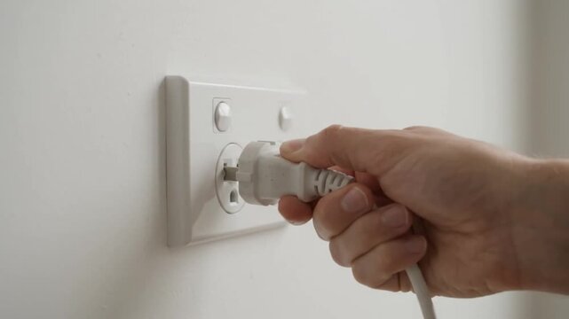 Close up of a hand plugging an electrical cord into a wall socket.