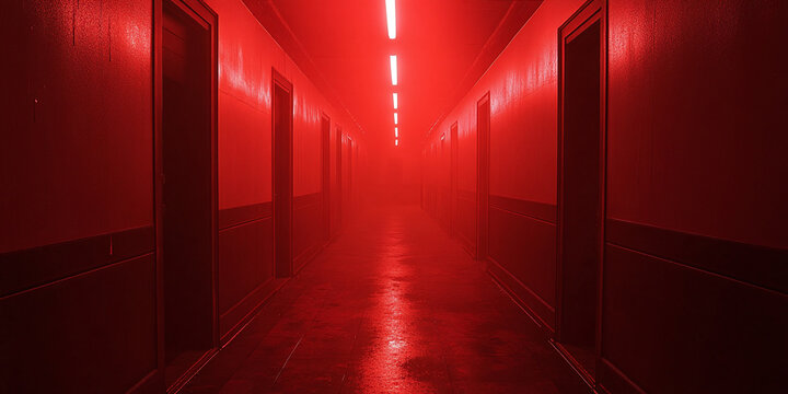 A glowing red neon light illuminates an empty dark corridor filled with thick smog and multiple mysterious closed doors creating a tense horror atmosphere and cinematic sci fi background for creative