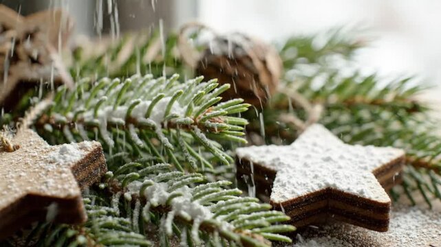 Christmas decorations with fir branches and star shaped cookies covered in powdered sugar