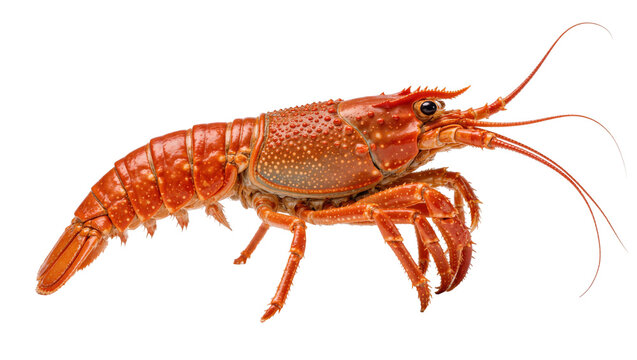 Bright orange spiny lobster with long antennae, isolated on transparent background