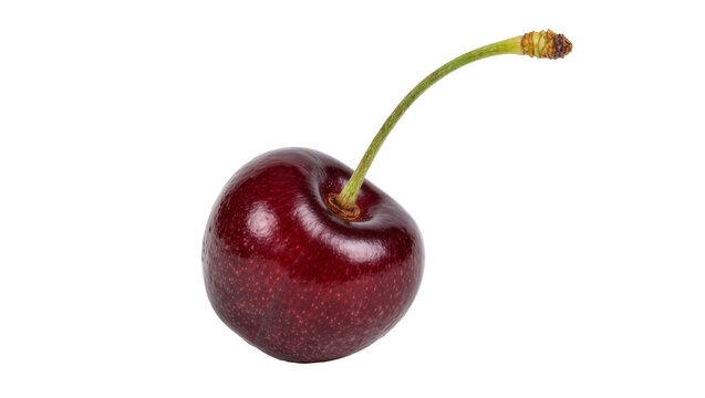 Single ripe dark red cherry with green stem, isolated on transparent background