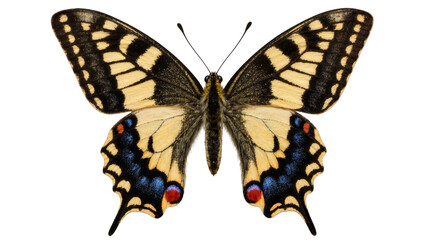 Obraz premium Detailed Old World Swallowtail butterfly with yellow black and blue markings, isolated on transparent background