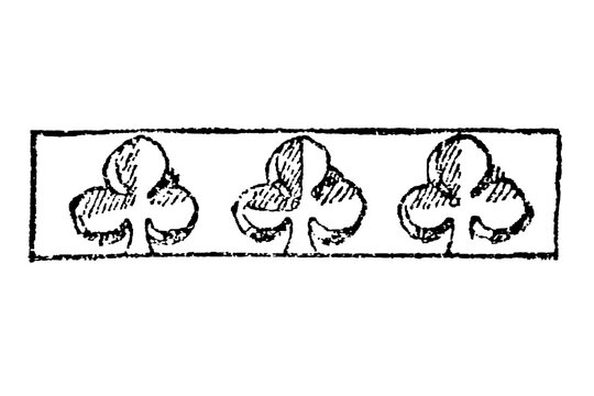 Trefoil ornament, three stylized clovers aligned horizontally within a rectangular frame, old vintage illustration, 1897