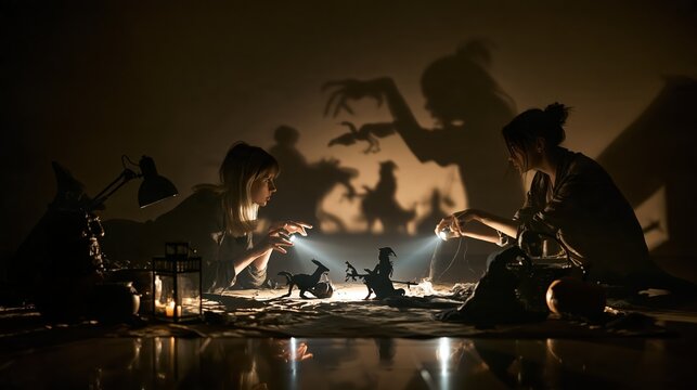 Two friends creating spooky shadow puppets on a wall using flashlights in a dark room setting