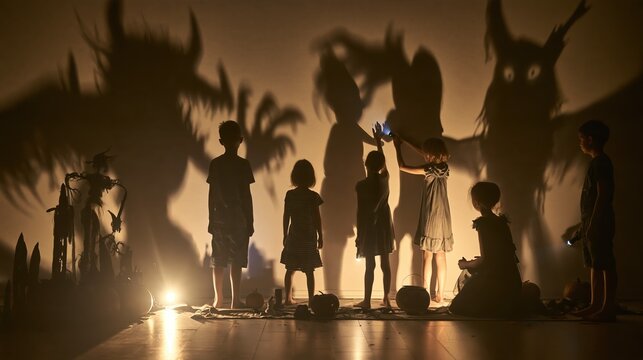 Children creating spooky monster shadow puppets on a wall with flashlights for Halloween night