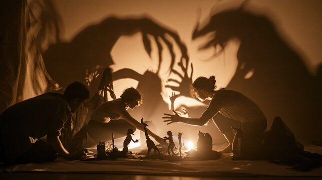 Friends creating spooky shadow puppets with flashlights for a creative Halloween evening activity