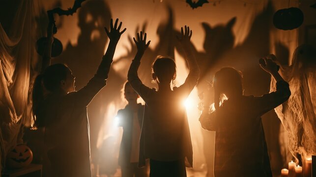 Group of children playing with flashlights to create spooky shadow puppets for Halloween night