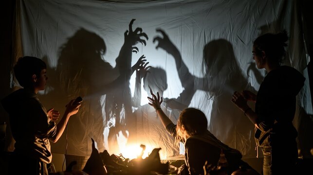 Friends creating spooky shadow puppets on a white sheet with flashlights for Halloween night