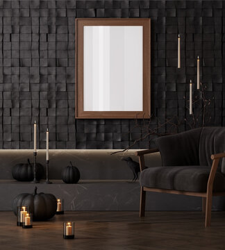 Halloween Poster Frame Mockup in Dark Gothic Interior with Black Pumpkins and Candles, 3d rendering