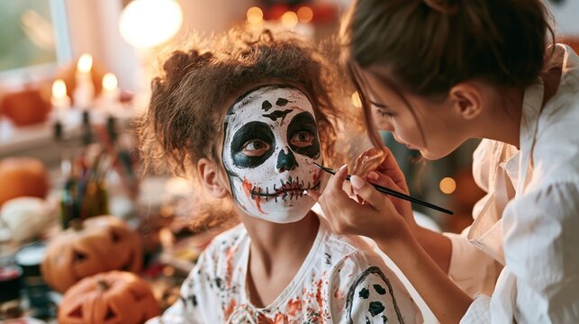 Professional artist applying intricate skull face paint to a young child for Halloween celebration