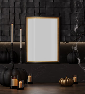 Gothic Halloween Black and Gold Poster Frame Mockup with Pumpkins and Candles, 3d rendering