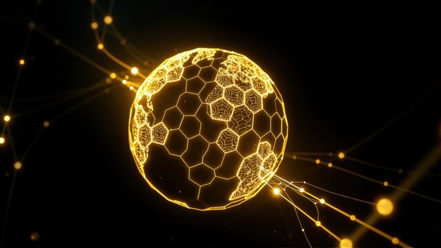 Golden globe composed hexagon shapes. Lines connect sphere, radiating light. Dark background emphasizes bright digital network.