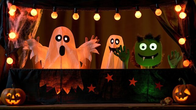 Children performing a creative Halloween puppet show with handmade ghost and monster characters