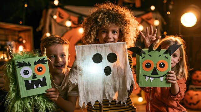 Happy children performing a creative Halloween puppet show with handmade ghosts and monsters