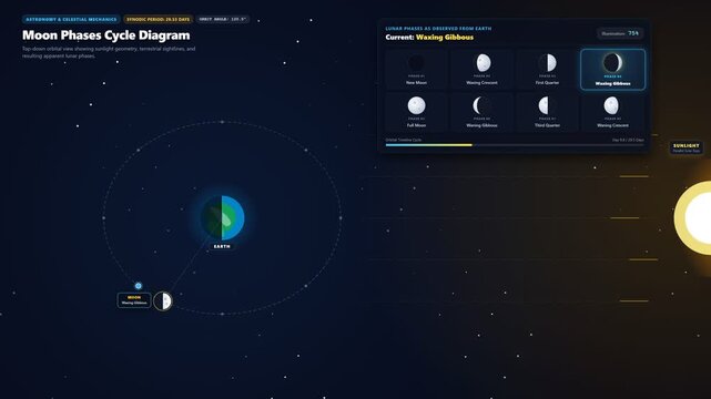 Moon Phases Cycle Diagram from New Moon to Full Moon with orbit path and labelled phase names