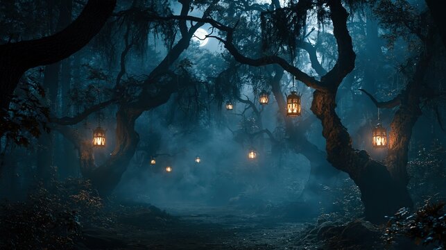 Glowing lanterns hanging from twisted trees along a mysterious path in a dark foggy forest at night