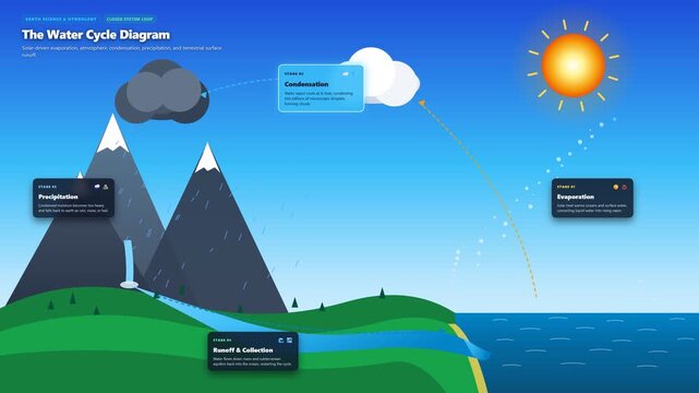 Illustrated Water Cycle Loop with evaporation, cloud condensation, rainfall and river runoff