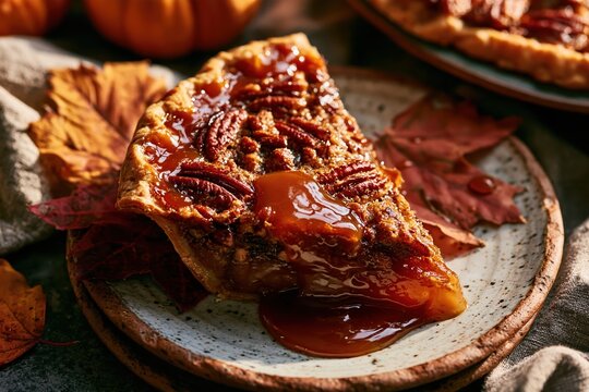 A delicious slice of pecan pie with rich caramel glaze served on a rustic ceramic plate