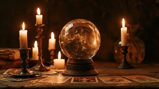 Crystal ball on a wooden table surrounded by lit candles and tarot cards for divination