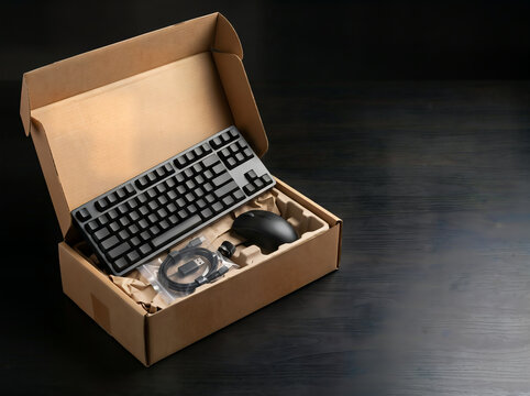 New computer keyboard and mouse in an open shipping box with computer equipment