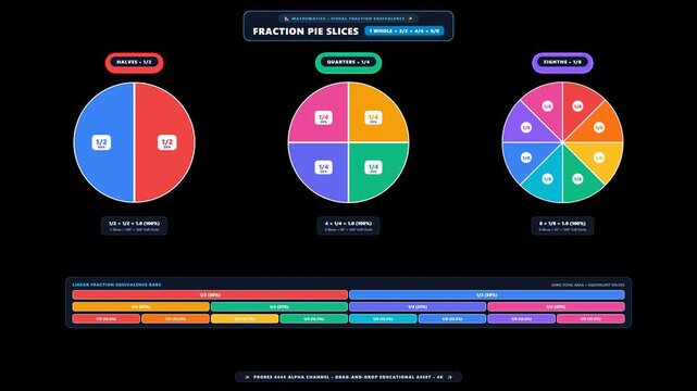 Fraction Pie Slices Splitting Animation showing halves, quarters and eighths with bouncing colour se