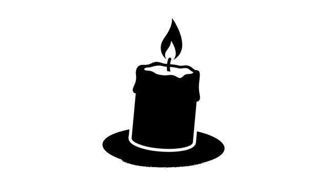 Minimalist black vector illustration showing a single burning candle flame centered perfectly on white background