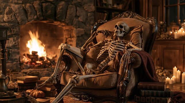 Human skeleton sitting in a vintage armchair reading a book by a cozy stone fireplace at night