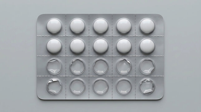 White round medicine pills in a silver blister pack for health and treatment care.