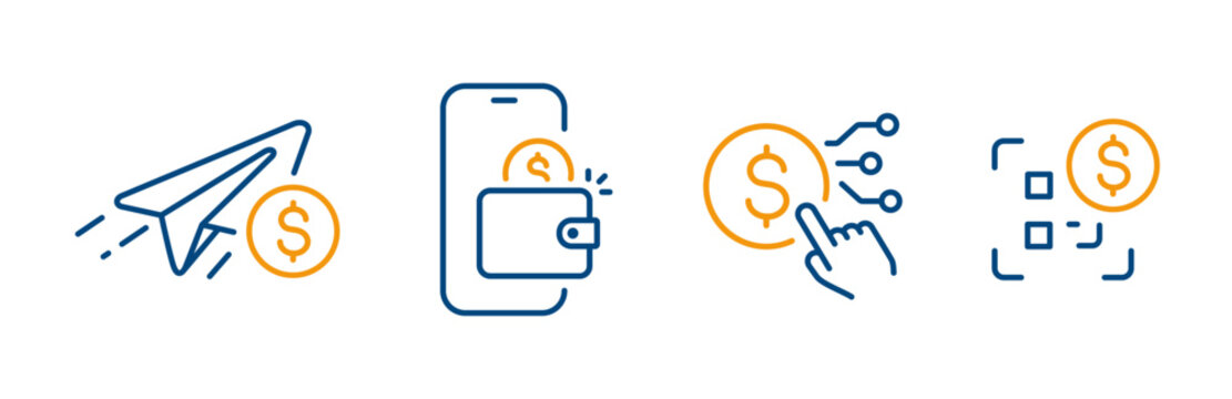 send money, mobile wallet, qr payment, digital payment, outline icon set, financial stock vector illustration