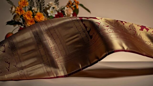 Waving Red Silk Fabric with Ornate Gold Zari Patterns for Festive Decor