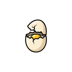 Fototapeta premium Cracked Cream Colored Egg With Exposed Golden Yolk, Bold Cartoon Food Design For Breakfast Menus, Cooking Recipes, Grocery Packaging, And Culinary Graphics Vector Illustration