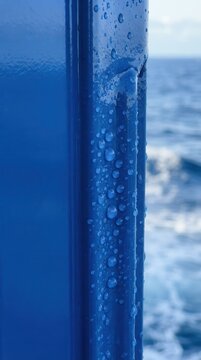 Water Droplets on Blue Shipping Container Surface at Sea