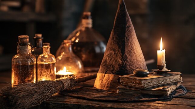 Witch hat and spell books with glowing potion bottles on a rustic wooden table in dim light