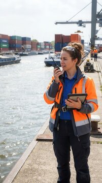 Female Supervisor Coordinating Container Barge Operations on Tablet