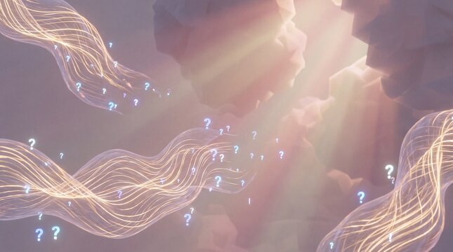 Futuristic digital mindscape: a floating neural network made of soft golden threads and tiny glowing question marks, soft volumetric light, surreal and calming atmosphere