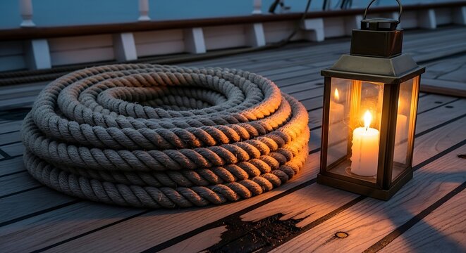 A coiled rope and a glowing candle lantern on the wooden deck of a boat with metal lantern with thick nautical rope