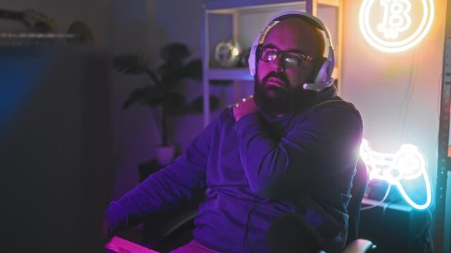 Man wearing headset and glasses touching his shoulder in a studio lit by neon signs and led lamp, seated in a gaming setup; fatigue focus.