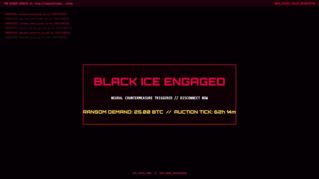 Dark crimson command terminal alerting "BLACK ICE ENGAGED" in a clandestine cyber defense grid. Great for dark web operations, deep cyber intrusions, and cyberpunk defense security
