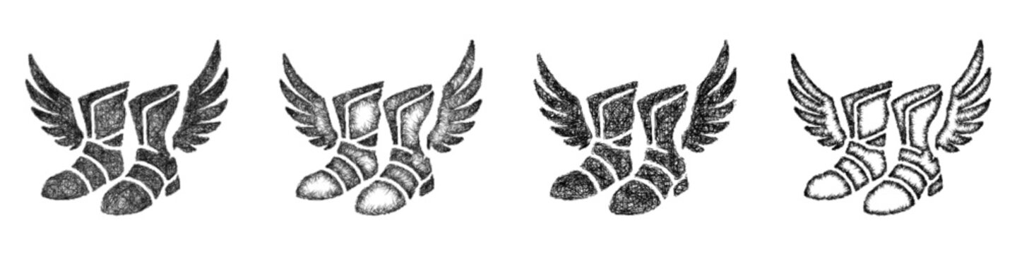 Sketch monochrome winged boots icon design set