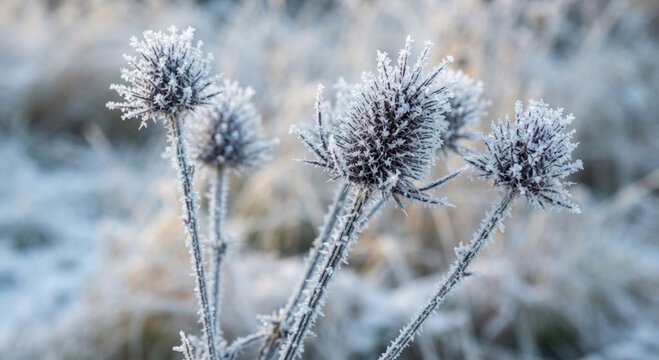 Frost-Covered Teasel Seed Heads (Dipsacus) in a Winter Landscape