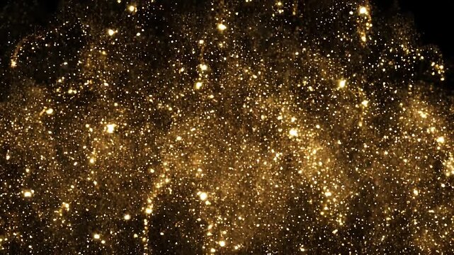 A vibrant burst of golden glittering dust particles, forming a radiant, shimmering fan-like effect on black background.