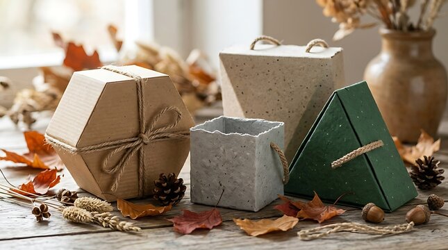 Eco-friendly sustainable gift boxes in geometric shapes, recycled paper packaging with twine, autumn seasonal product display with dried leaves