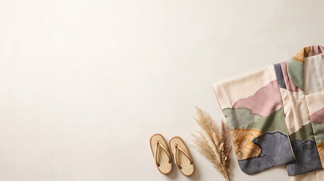 Traditional Japanese kimono garment with sandals and dried grass