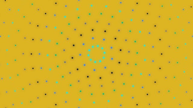 Bright golden yellow background featuring a symmetrical dot pattern with turquoise and dark brown circles.