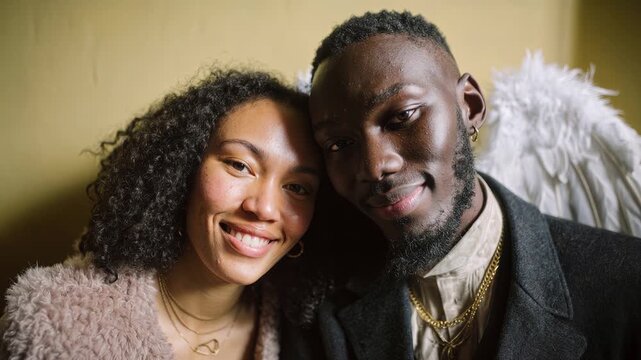 Young couple embracing with angel wings, celebrating love and connection. A tender moment captured between a young Black couple, adorned with ethereal angel wings