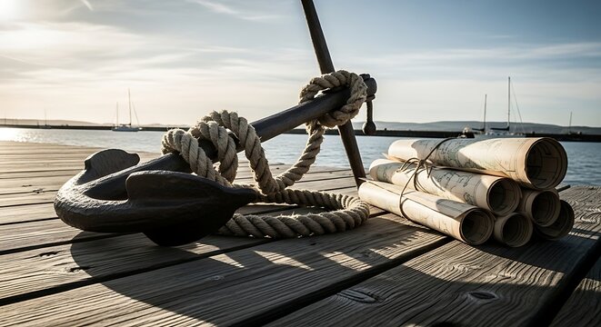 A heavy metal anchor with coiled rope and rolled paper maps on a wooden pier with nautical charts weathered